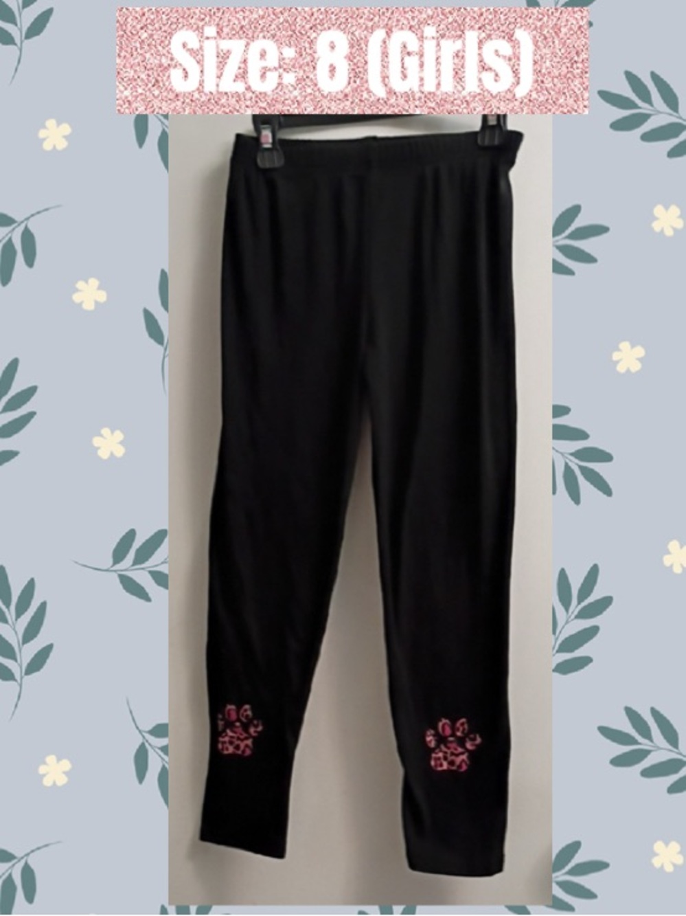Girl's Black Leggings with Pink Leopard Paw Accents